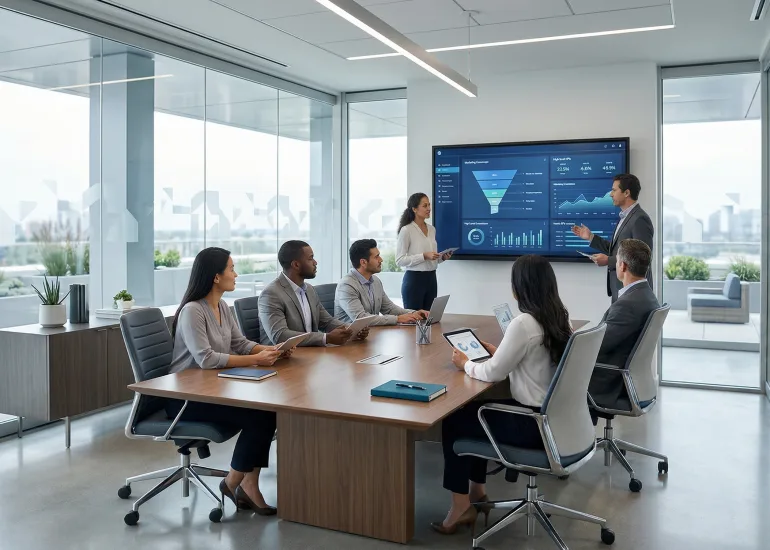 Soluciones digitales para empresas — equipo directivo en sesión de estrategia digital